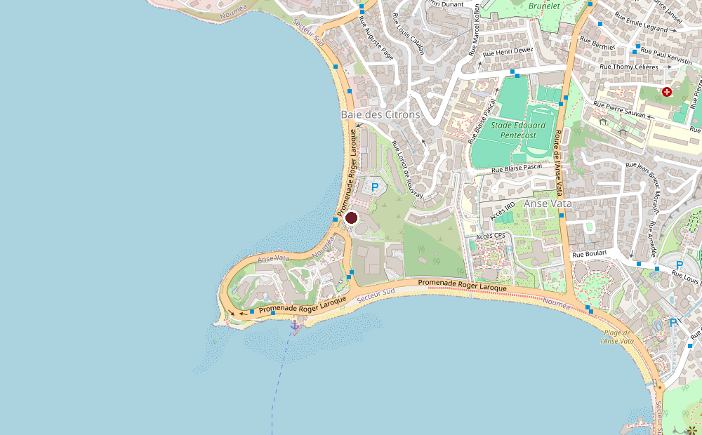 Plan du quartier Baie des Citrons / Anse Vata à Nouméa, avec le repère du salon sur la Promenade Roger Laroque